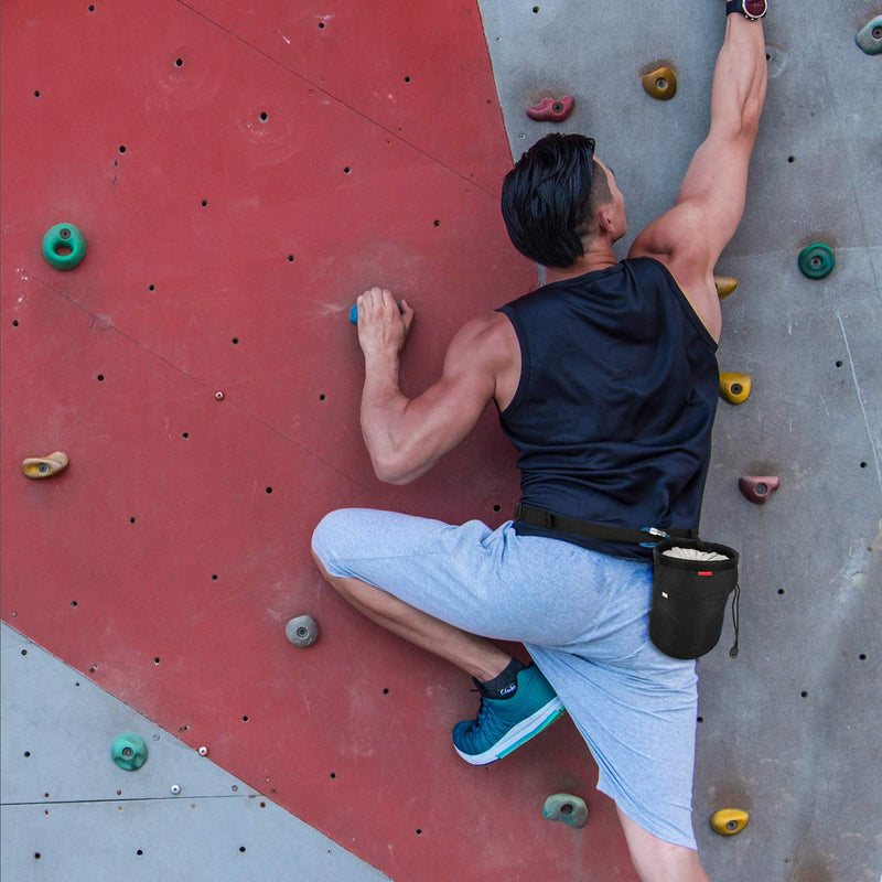 [Australia - AusPower] - MoKo Chalk Bag, Drawstring Rock Climbing Chalk Bag Bouldering Chalk Bag Bucket with Adjustable Belt & Zippered Pockets and Carabiner for Rock Climbing Weight Lifting Gymnastics Crossfit Black 