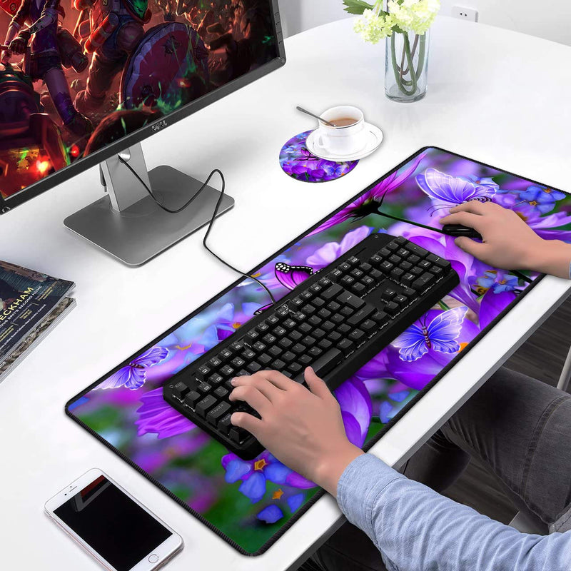 [Australia - AusPower] - Luasao Desk Pad Mat Gaming Mouse Pads with Coasters, Stitched Edges Design Mouse Pad XXL Large Mouse Pad for Laptop Computers Purple Flowers and Butterflies Desk Writing Mat for Office & Home 