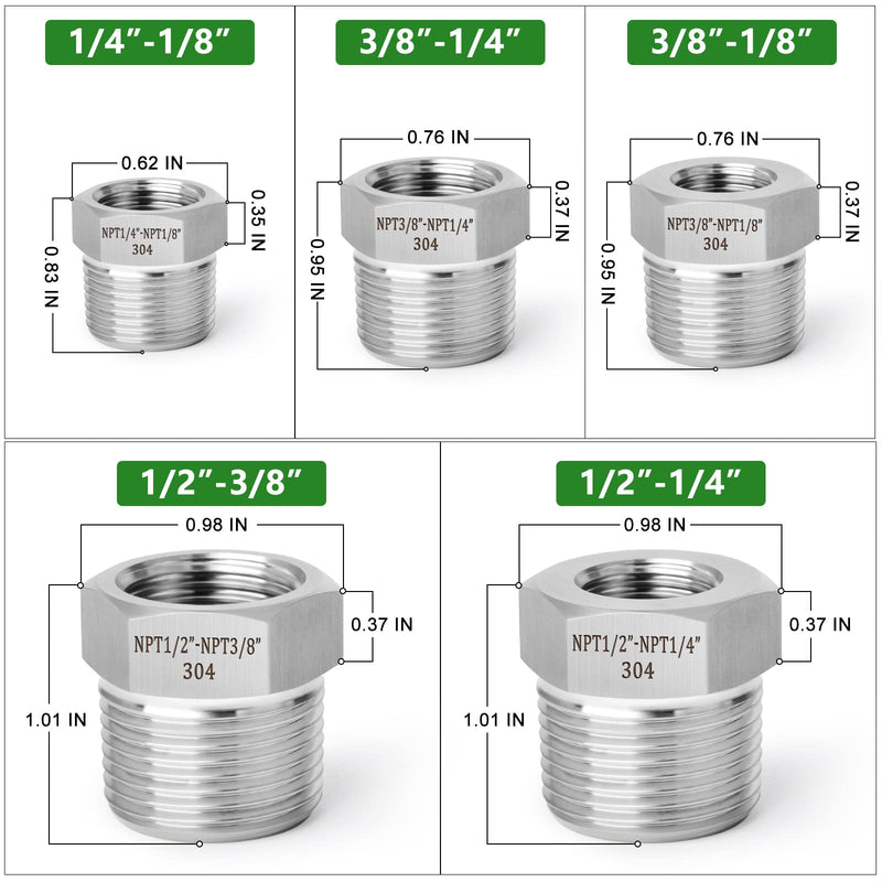 [Australia - AusPower] - TAISHER 10PCS Forging of 304 Stainless Steel Reducer Hex Bushing Pipe Fittings Kit, Male NPT to Female NPT, Reducing Pipe Adapter Fitting with Thread Protection Caps 