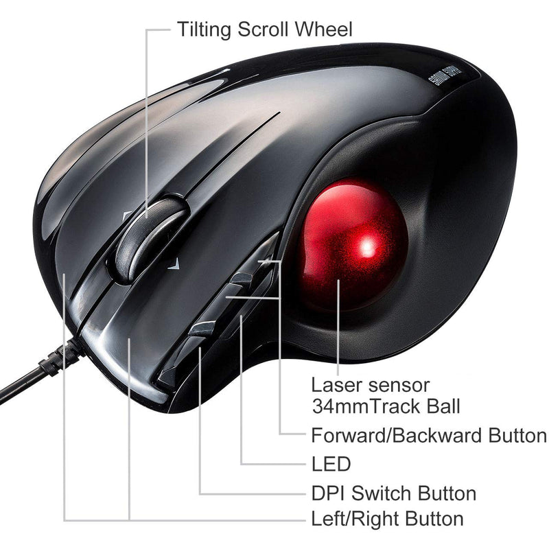 [Australia - AusPower] - SANWA Wired Ergonomic Trackball Mouse, Computer Rollerball Mice, Laser Sensor, 34mm Trackball, 400/800/1200/1600 Adjustable DPI, 5 Buttons, Compatible with MacBook, Laptop, Windows, macOS, Chrome OS 