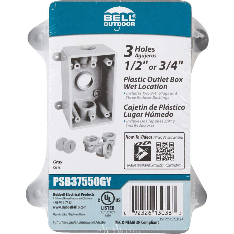 [Australia - AusPower] - BELL PSB37550GY Single-Gang Weatherproof Three 1/2 in. or 3/4 in. Threaded Outlets, 2 in, Gray 