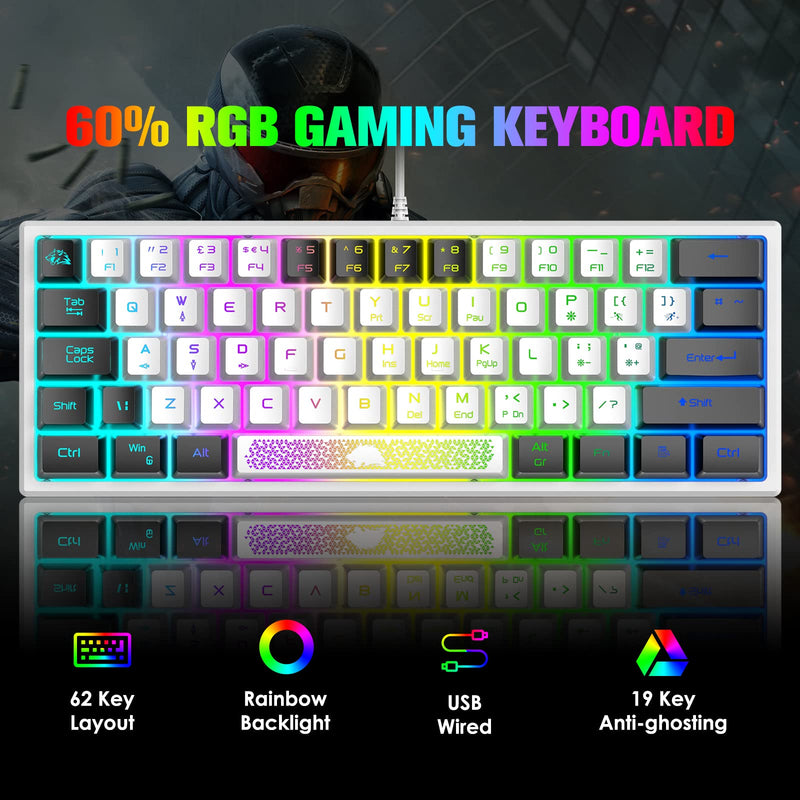 [Australia - AusPower] - ZIYOU LANG K61 60% Gaming Keyboard Mini Portable with Rainbow RGB Backlit Compact Ergonomic 62Key Layout Anti-ghosting Mechanical Waterproof Wired for PC Mac Windows Gamer Laptop Typists(White+Black) White+Black 