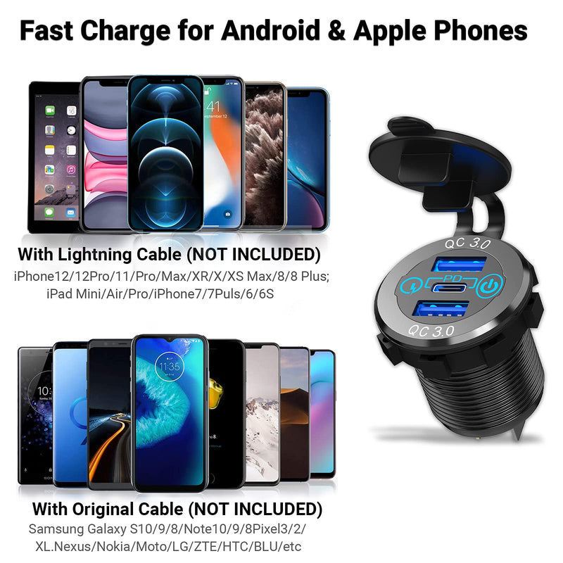 [Australia - AusPower] - 60W USB C Car Charger Socket, Ouffun Aluminum Metal 12V-24V Multiple USB Outlet 30W PD USB-C & Two QC3.0 Ports with Power Switch Fast Car Adapter for Car Boat Marine Truck Golf RV Motorcycle 