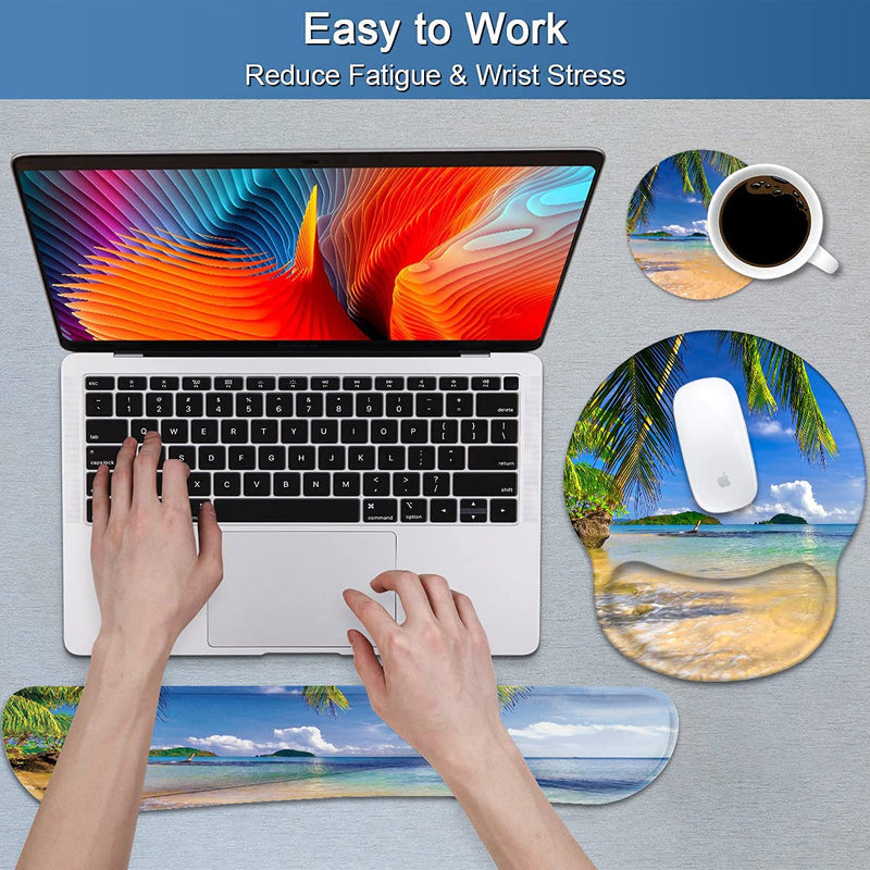 [Australia - AusPower] - Keyboard Wrist Rest and Mouse Pad Wrist Support Set with Coasters, Non-Slip PU Base Ergonomic Gaming Mousepad for Home Office Working Studying Easy Typing & Pain Relief, Shore Palms Tropical Beach 