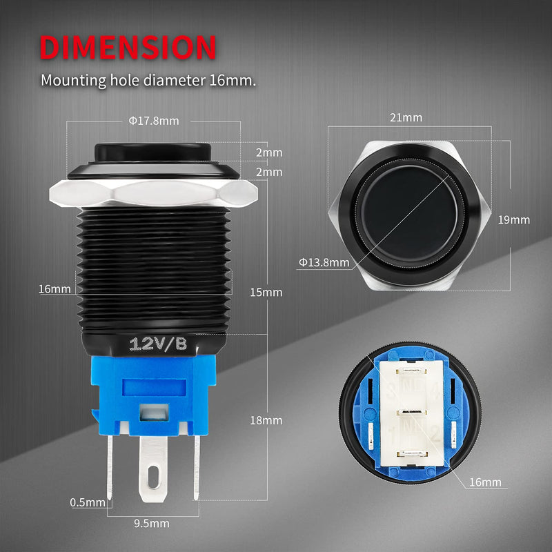 [Australia - AusPower] - DaierTek 12 Volt Momentary Push Button Switch Waterproof Blue LED Light 12V Illuminated 16mm Metal Black Power Start Pushbutton -9 Pack 