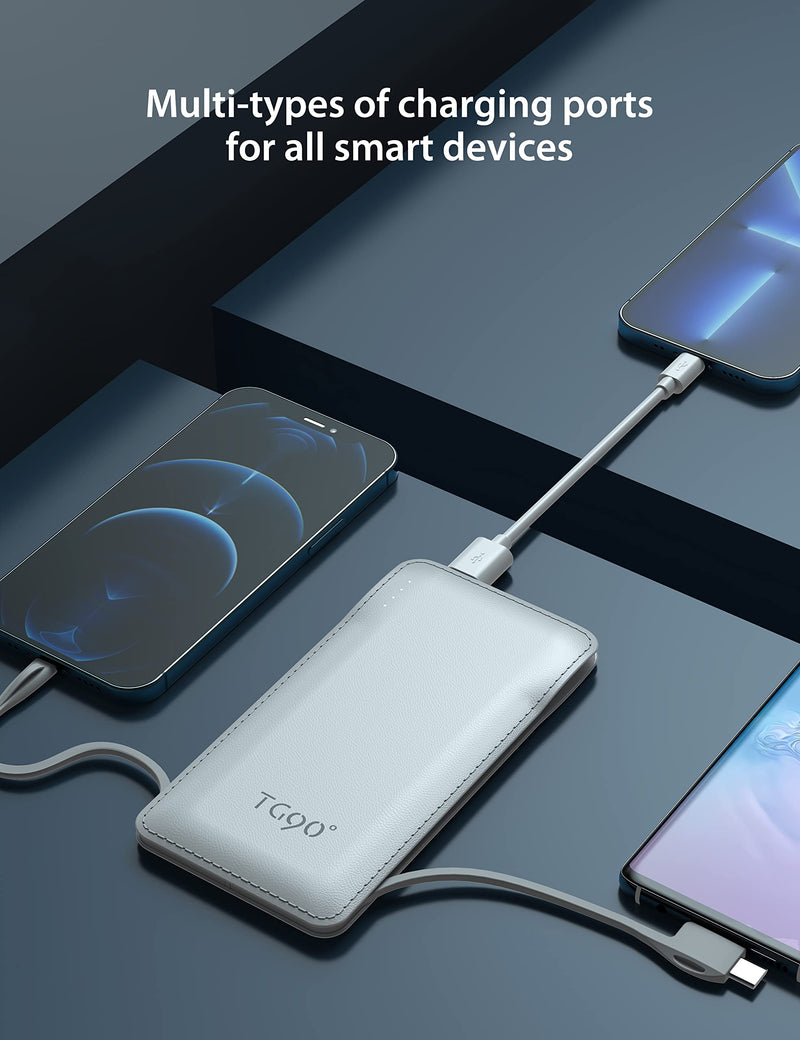 [Australia - AusPower] - TG90 10000mah Power Bank External Battery Packs, Portable Charger with Built-in Lightning and Type-C Cable for Cell Phone Battery Backup, Portable Phone Charger Compatible with iPhone, Android Phones White 
