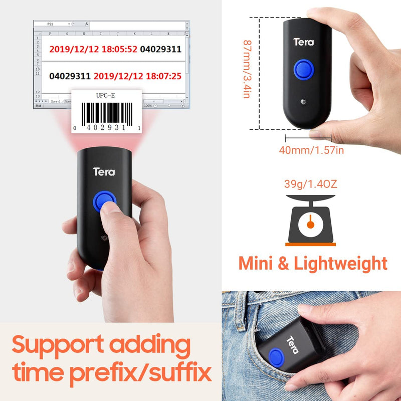 [Australia - AusPower] - Tera Wireless Barcode Scanner 1D Laser Mini Pocket Waterproof Scanner 3in1 Compatible with Bluetooth USB Wired Portable Bar Code Reader for Supermarket Logistics Work with iOS Windows Android 1100L 