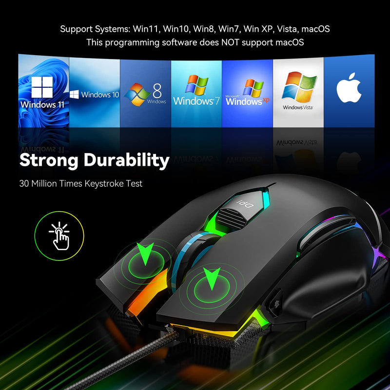 [Australia - AusPower] - TECKNET Wired Gaming Mouse, PC Gaming Mice, 16000 DPI Adjustable, 9 Programmable Modes with 7 Buttons, RGB Backlit Ergonomic Computer Mouse for Laptop Windows/PC/Mac/ Gamer - Black 