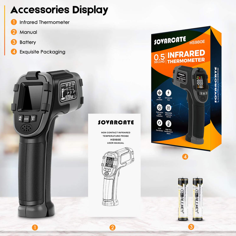 [Australia - AusPower] - Infrared Thermometer SOVARCATE Digital IR Laser Thermometer Temperature Gun High and Low Temperature Alarm -58°F~1112°F Temperature Probe Cooking/Air/Refrigerator 