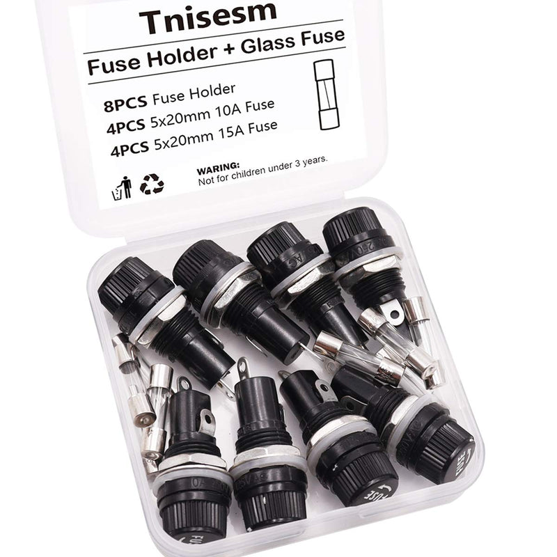 [Australia - AusPower] - Tnisesm 8 Pcs Panel Mounted 5x20mm Screw Cap Fuse Holder Socket AC 250V 10A/AC 125V 15A Black with 8 Pcs Glass Tube Fuse(10A+15A) 