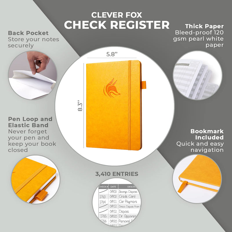 [Australia - AusPower] - Clever Fox Check Register – Deluxe Checkbook Log with Check & Transaction Registers, Bank Account Register Booklets for Personal and Work Use, A5 Hardcover - Yellow A5 (5.8'' x 8.3'') 