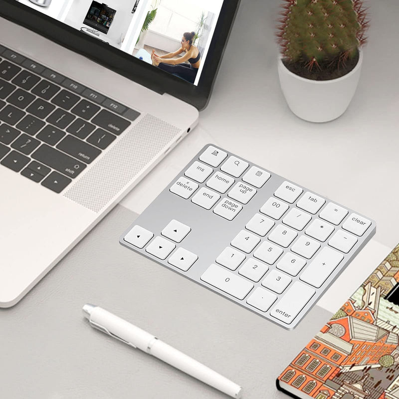 [Australia - AusPower] - Bluetooth Number Pad, Lekvey Aluminum Rechargeable Wireless Numeric Keypad Slim 34-Keys External Numpad Keyboard Data Entry for Laptop, MacBook, MacBook Air/Pro, iMac, Windows, Surface Pro - Silver White and Silver 