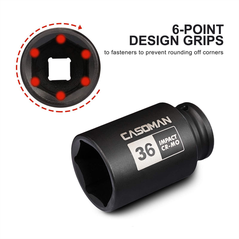 [Australia - AusPower] - CASOMAN 1/2" Drive x 36 mm Deep 6 PT Impact Socket, CR-MO, 1/2-inch Drive 6 Point Axle Nut Socket for Easy Removal of Axle Shaft Nuts (36MM) 6-Point Socket 36mm 