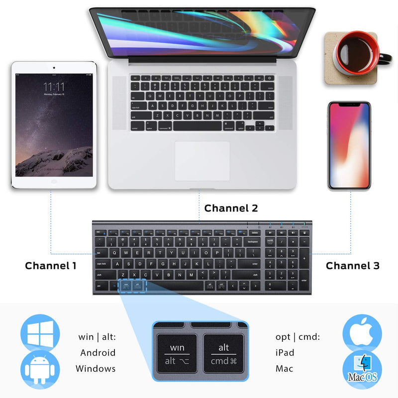 [Australia - AusPower] - iClever BK10 Bluetooth Keyboard, Multi Device Keyboard Rechargeable Bluetooth 5.1 with Number Pad Ergonomic Design Full Size Stable Connection Keyboard for iPad, iPhone, Mac, iOS, Android, Windows 