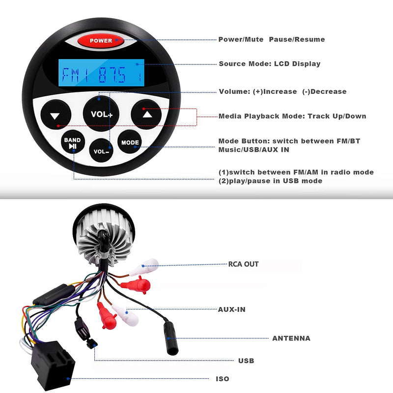[Australia - AusPower] - GUZARE Boat Marine Stereo Receiver Bluetooth - 45 x 4 Watts Audio AM FM Gauge Waterproof Radio Tuner Streaming for Boats Golf Cart ATV UTV and Spa Hot Tubs GR304 Round Radio 