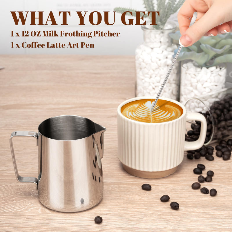 [Australia - AusPower] - Amrules Milk Frothing Pitcher, 12oz Milk Frother Cup with Clear Scale, 304 Stainless Steel Cappuccino Espresso Machine Accessories for Barista Coffee Bar with Latte Art Pen, Silver 12 oz 
