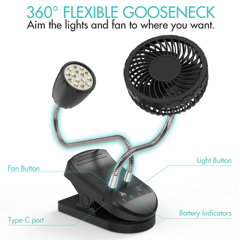 [Australia - AusPower] - 2-in-1 Mini Clip on Fan with LED Light, Portable USB Fan for Bed or Desk, 4000mAh Rechargeable Quiet Desk Fan, 3 Light and Fan Settings, Magnetic Base, Flexible Gooseneck 
