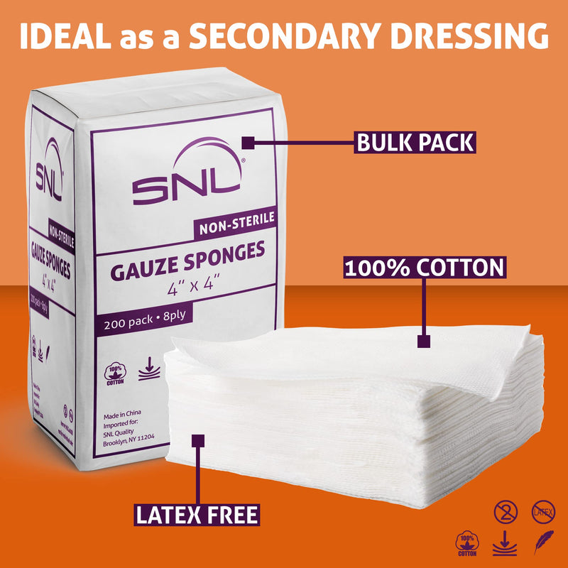 [Australia - AusPower] - SNL Quality 'Non-Sterile' Latex Free Gauze Sponge Pads - 8 Ply - 4" X 4" - Box of 400 (2X 200 Packs Inside) 