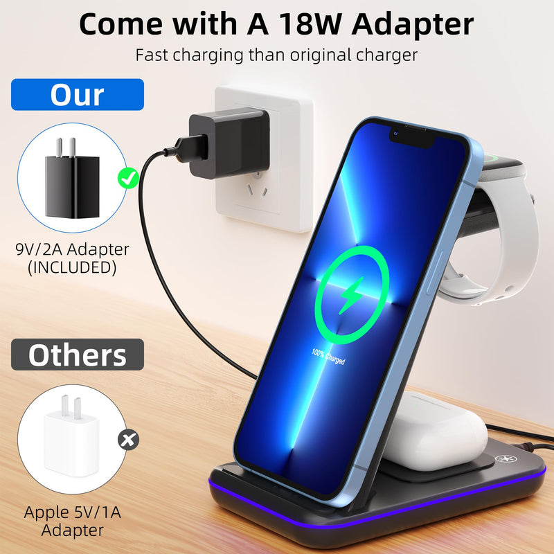 [Australia - AusPower] - Wireless Charging Station, 3 in 1 Fast Wireless Charger for iPhone 14/13/12/11/Pro/Max/SE/XS/XR/X/8 Plus/8, Wireless Charging Station/Stand Compatible for Apple Watch Series and AirPods Pro/3/2 