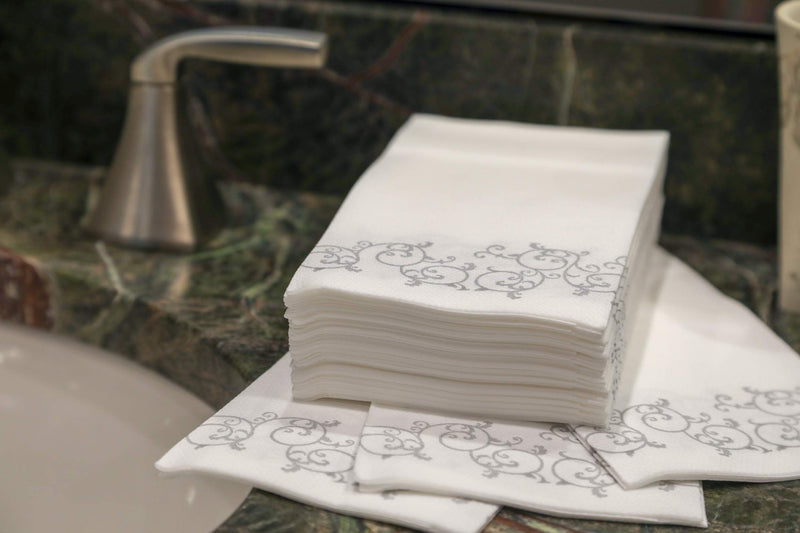 [Australia - AusPower] - SimuLinen Disposable Guest Bathroom Hand Towels - SILVER FLORAL Design - Linen-Feel Disposable Paper Towels, Cloth-Like Texture, Single-Use - Perfect Size: 12x17” Unfolded & 8.5x4” Folded - Box of 100 