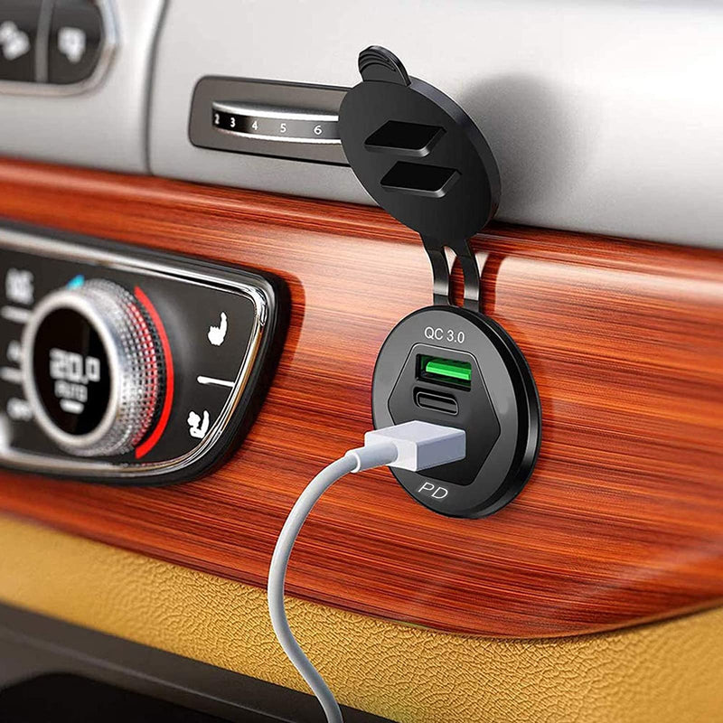 [Australia - AusPower] - USB C Car Charger Socket, 12V USB Outlet with 18W Dual PD Ports & 18W QC 3.0 Quick Charge Fast USB Type C Car Adapter for Car, Boat, Marine and More 