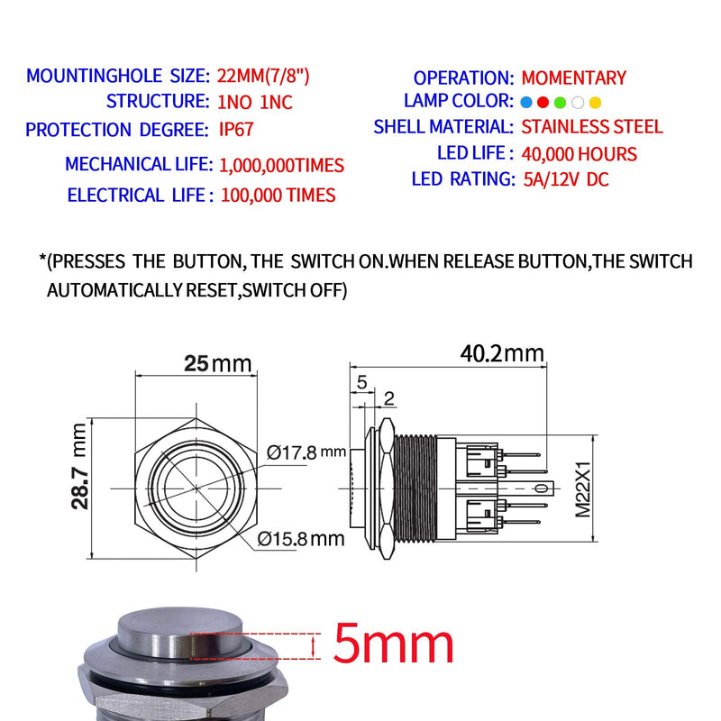[Australia - AusPower] - 22mm Push Button Switch Momentary Latching High Round Waterproof IP67 On Off Stainless Steel 304 with 12V LED for 7/8" with Wire 2PCS (Red, Momentary,12V) Red 