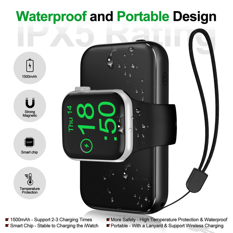 [Australia - AusPower] - 𝟮𝟬𝟮𝟯 𝐔𝐩𝐠𝐫𝐚𝐝𝐞𝐝 Portable iWatch Charger for Apple Watch Series 8/UItra/7/6/5/4/3/2/SE/,1500mAh Magnetic Wireless Charger Power Bank [IPX5 Waterproof] Travel Battery Pack-Black 