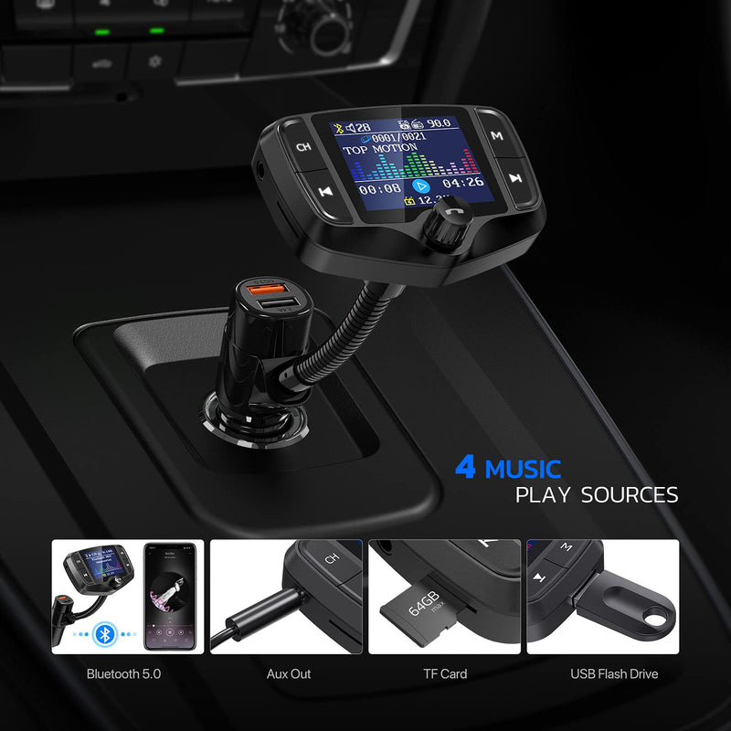 [Australia - AusPower] - Nulaxy Bluetooth FM Transmitter, 1.8 Inch Display Car Charger Adapter Wireless Bluetooth Receiver Hands-free Kit, QC3.0 & 5V/2.4A, Support USB Drive, SD Card, Aux Input&Output (KM29) Black 