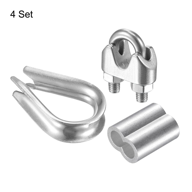 [Australia - AusPower] - uxcell Wire Rope Cable Clip Kit for M8, Included 304 Stainless Steel Rope Clamp, Thimble Rigging, Aluminum Crimping Loop Sleeve 4 Set 