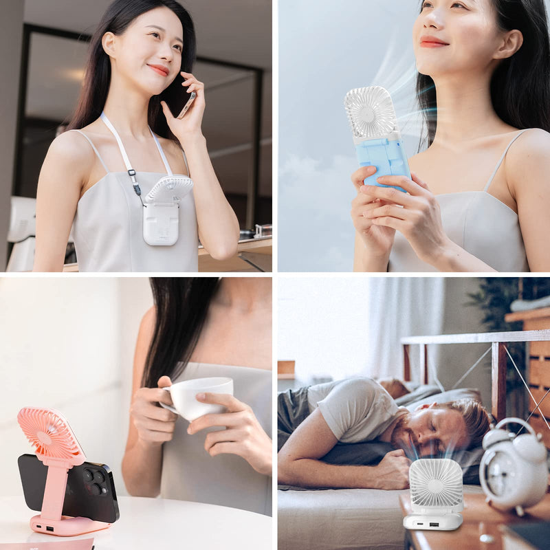 [Australia - AusPower] - Mini Fan Portable Handheld Fan Rechargeable Small Battery Operated Personal Fan all in 1 as Power Bank, Phone Holder, Hand Held Fan, Mini Desk Fan, Travel Fan, USB Fan, 3000 mAh, 4 Speed, Neck lanyard White 