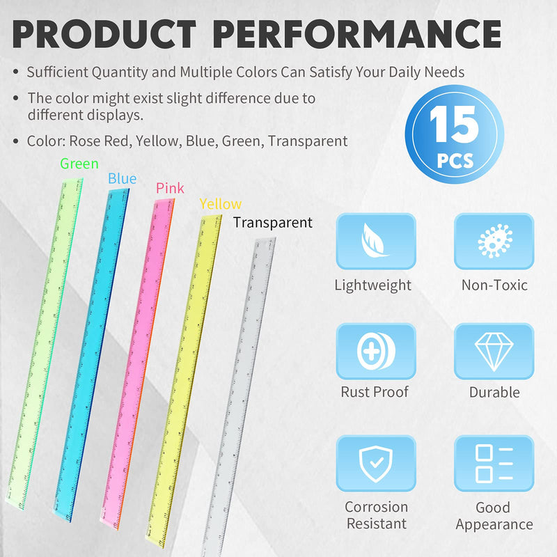 [Australia - AusPower] - 15 Packs Plastic Rulers Straight Rulers Assorted Colors Ruler Plastic Measuring Tool 12 Inch for Student School Office Supplies, 5 Colors 