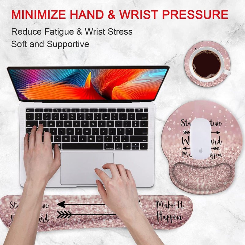 [Australia - AusPower] - Ergonomic Mouse Pad Wrist Support Gel and Keyboard Wrist Rest Set for Laptop , Gaming and Office, Durable, Comfortable and Pain Relief + Coaster,Stay Positive Work Hard and Make It Happen Pink Glitter 