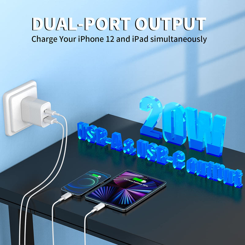 [Australia - AusPower] - iPhone Fast Charger, [Apple MFi Certified] esbeecables 20W Dual Port PD3.0 USB-C + QC3.0 USB-A Rapid Wall Charger with 2X 6ft Lightning Cables, for iPhone 13/12/11 Pro, XS/XR/X/8/7P, SE, iPad, AirPods 