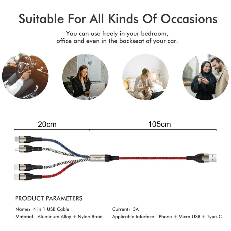 [Australia - AusPower] - [ 2Pack 4FT] Multi Charging Cable Nylon Braided Universal 4 in 1 Multiple USB Cable 3A Fast Charging,with Dual Phone/USB-C/Micro-USB Port Adapter, Compatible with Cell Phones Tablets Universal Use 