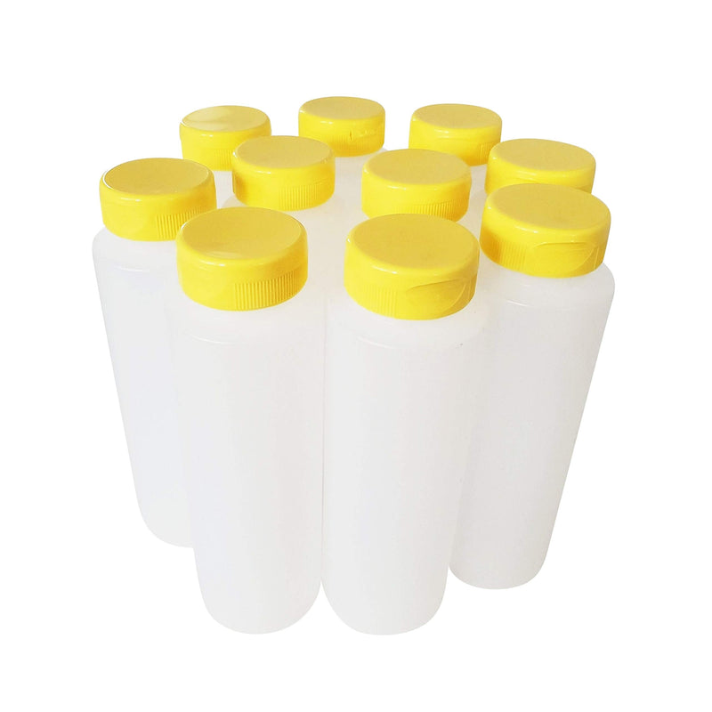 [Australia - AusPower] - kelkaa 8oz HDPE Plastic Squeeze Bottles with Wide Mouth Opening, Yellow Flip Top Caps for Condiments and Any Thick Liquid Products, Multi-Purpose Refillable Empty Bottles (Pack of 10) 