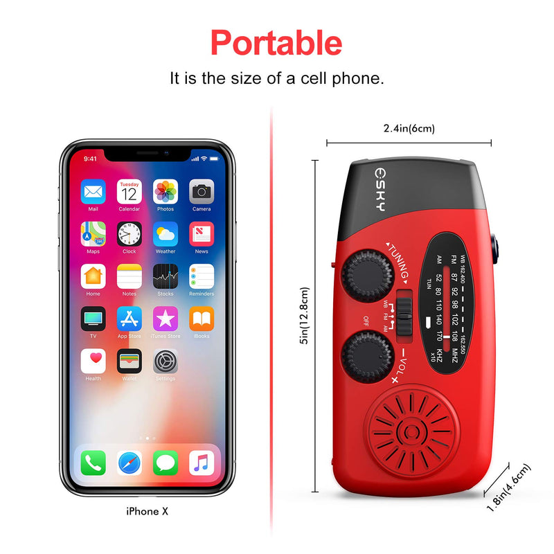 [Australia - AusPower] - Hand Crank Radio with Flashlight for Emergency, Esky Portable Solar Radios, Self Powered AM/FM NOAA Weather Radio with 1000mAh Power Bank Cell Phone Charger, USB Rechargeable, Great Emergency Supplies Red 