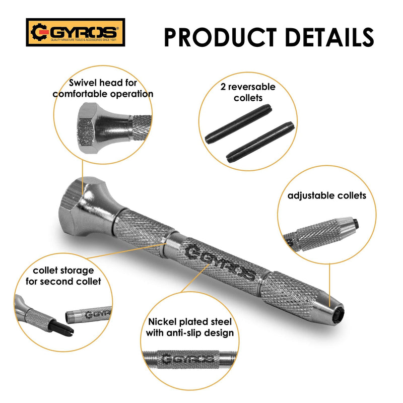 [Australia - AusPower] - Gyros Professional Swivel Head Pin Vise Hand Drill with Anti-Slip Nickel Plated Steel Body, and Two Reversible Collets for Precision Drilling, Size Range of 0" (0mm) to 1/8" (3.175mm) (97-01818) 