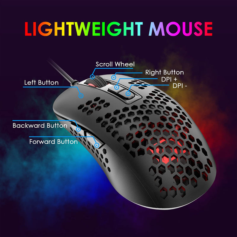 [Australia - AusPower] - Lightweight Gaming Mouse Wired,USB Optical Computer Mice with RGB Backlit,4 Adjustable DPI Up to 2400,Ergonomic Gamer Laptop PC Mouse with Honeycomb Shell for Windows 7/8/10/XP Vista Linux -Black Black 