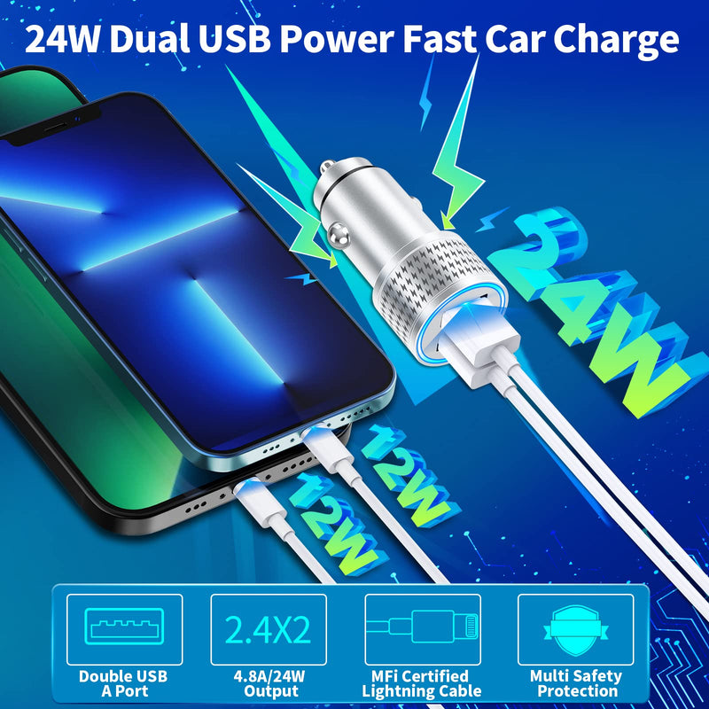 [Australia - AusPower] - [Apple MFi Certified] iPhone Fast Car Charger, Kassdin Aluminum Alloy 4.8A Dual USB A Car Fast Lighter Charger with 2Pack Original Lighting Cable, Dual Port Car Charger Adapter for iPhone/iPad/Airpods 