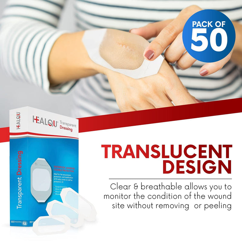 [Australia - AusPower] - Transparent Film Dressing,  4" x 4.7" Pack of 50 Waterproof Wound Bandage Adhesive Patches, Post Surgical Shower or IV Shield, Tattoo Aftercare Bandage by Healqu 4x4.7 Inch (Pack of 50) 