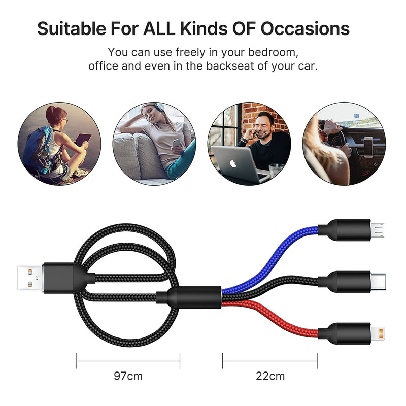 [Australia - AusPower] - Multi Charging Cable, Multi Charger Cable Nylon Braided 3 in 1 Charging Cable Multi USB Cable Fast Charging Cord with Type-C, Micro USB and IP Port, Compatible with Most Phones & iPads (2 Pack) 