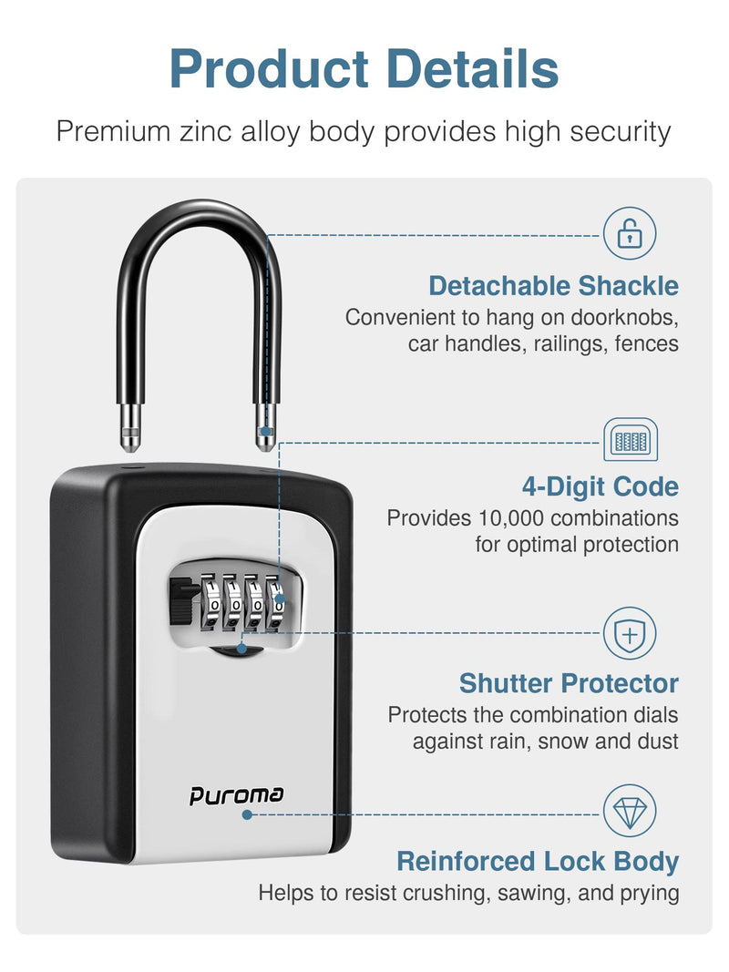 [Australia - AusPower] - Puroma Key Lock Box Waterproof Combination Lockbox Portable Resettable Wall Mounted & Hanging Key Safe Lock Box for House Keys, Realtors, Garage Spare, Black & Gray 