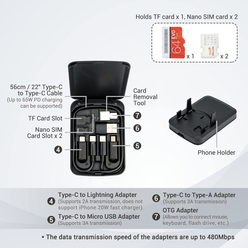 [Australia - AusPower] - Multi-Functional Compact Cable Card with 22" USB-C Cable & USB-A/Micro-USB/Lightning/OTG USB Adapter Kit Cable Convertor Storage Box for Traveling Phone Pad Charging PC Computer Data Transfer 