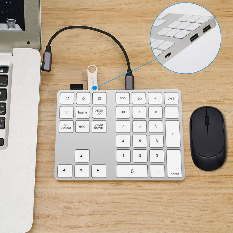 [Australia - AusPower] - ASHATA Wireless Numeric Keypad,34 Keys Mini Portable Bluetooth Numpad,Ergonomic Bluetooth Numeric Keypad Aluminum Alloy HUB Type-C USB 3.0 Numeric Pad for Windows (Silver) Silver 
