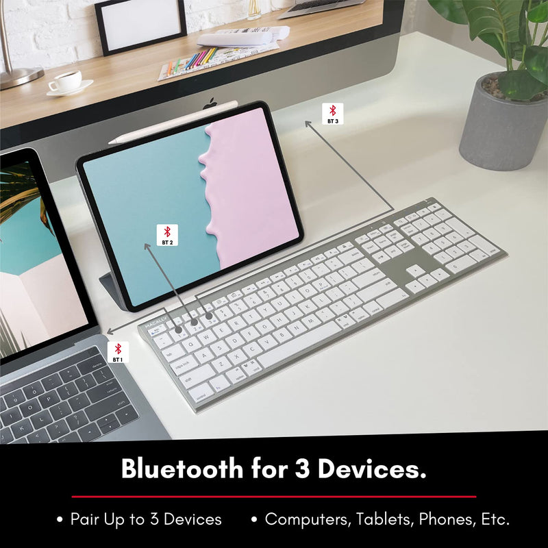 [Australia - AusPower] - Macally Wireless Bluetooth Keyboard with Numeric Keypad - Multi Device Keyboard for Mac Pro/Mini, Apple iMac, MacBook, Laptop, Computer Windows PC. Android, Smartphones, Tablets (Aluminum Silver) Aluminum Silver 