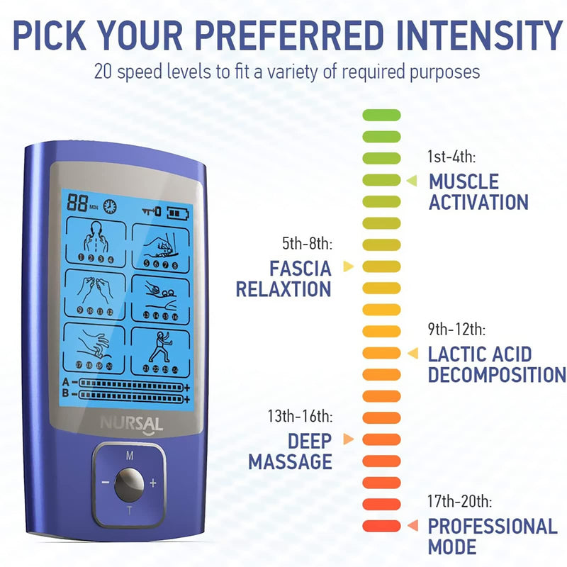 [Australia - AusPower] - NURSAL TENS EMS Unit Muscle Stimulator for Pain Relief Therapy, Electric 24 Modes Dual Channel TENS Machine Pulse Massager with 12 Pcs Electrode Pads/Continuous Stable Mode/Memory Function Blue 
