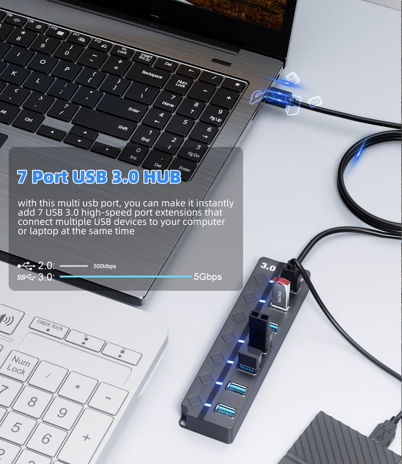 [Australia - AusPower] - USB 3.0 Hub, PANPEO 7-Port USB Data Hub Splitter with 3ft Long Cable USB Extension for Laptop,PC Computer,Surface Pro, PS4/5, Flash Drive, Mobile HDD - with LED Individual On/Off 