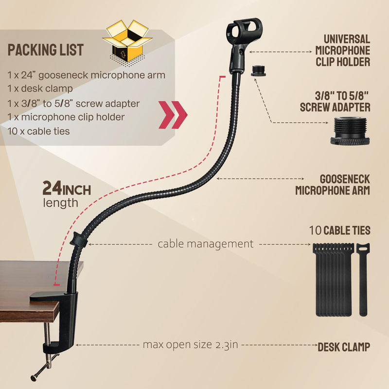 [Australia - AusPower] - Angksorm 24" Flexible Gooseneck Microphone Stand with Desk Clamp for Podcasting Streaming Radio Broadcast Studio 