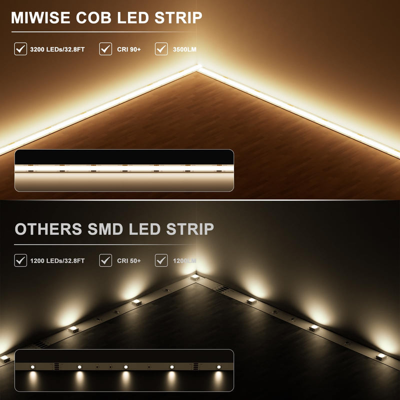 [Australia - AusPower] - MIWISE COB LED Strip Light 32.8ft/10m,CRI 90+ Warm White 3000K High Lumen Dimmable Super Bright Flexible DC24V LED Tape Light with Controller/Dimmer,for Cabinet Home Office DIY Lighting Projects 3000K-32.8ft/10m 