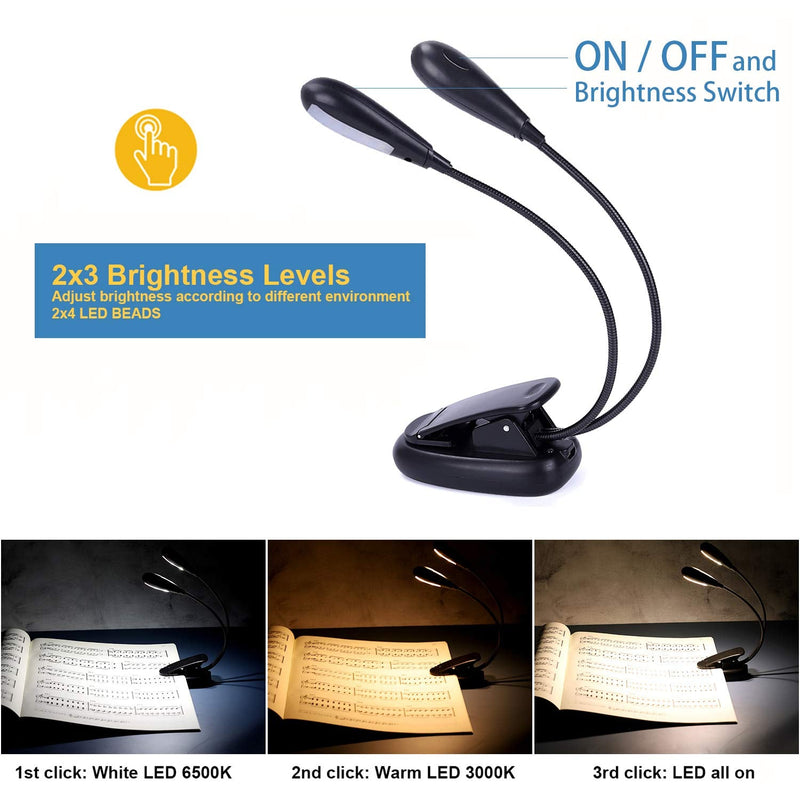 [Australia - AusPower] - Rechargeable Music Stand Light, iGoober Clip on Reading Light, 8 LED Book Lamp, 3-Level Brightness for Eye Protection, Perfect for Piano, Orchestra, Bookworms, Craft (White & Warm, Dual Arm) 